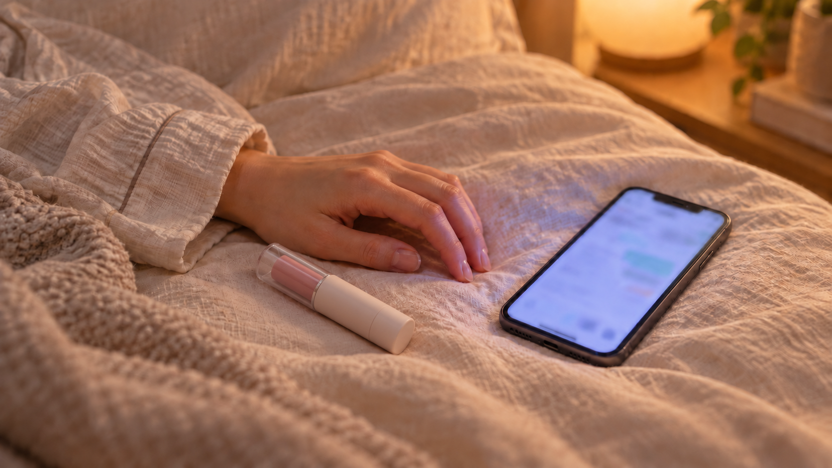暖かな照明の寝室で、スマートフォンとピンク色のラブトイのそばに手を添えている様子
